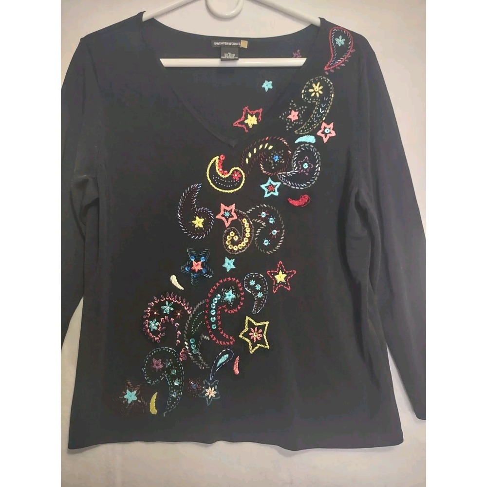 Sweaterworks 3/4 Sleeve V Neck Shirt Sweater Sequin Stars XL